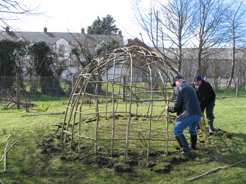 Building a Mesolithic hut. More hazel rods are woven in to strengthen the dome.