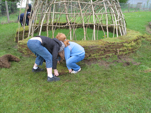 Building a Mesolithic hut. St Malachy's pupils start to build up the walls.